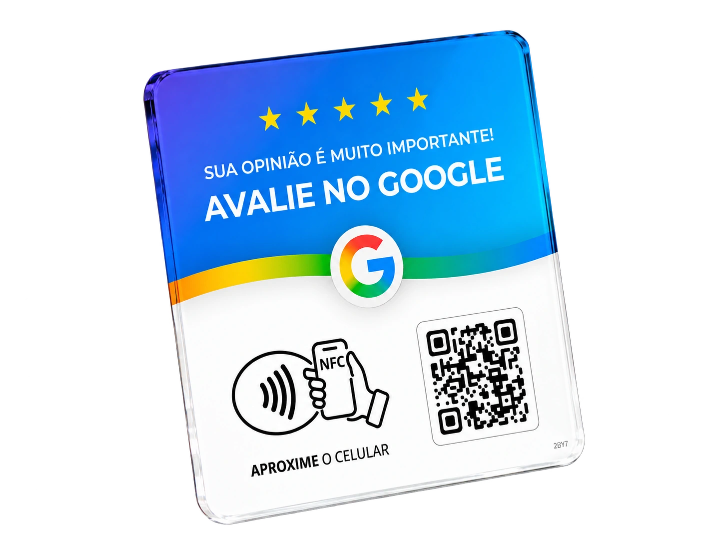 Plaquinha NFC Google Azul em acrílico, com QR Code para avaliações