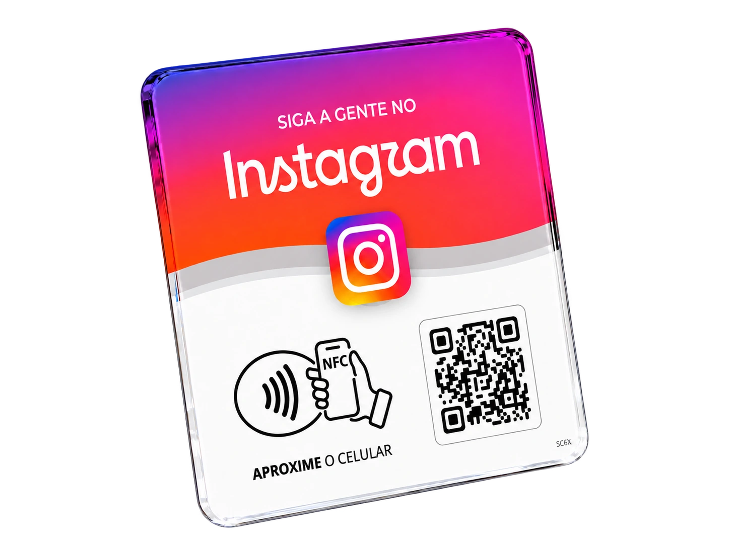 Plaquinha NFC Instagram em acrílico com degradê rosa e QR Code